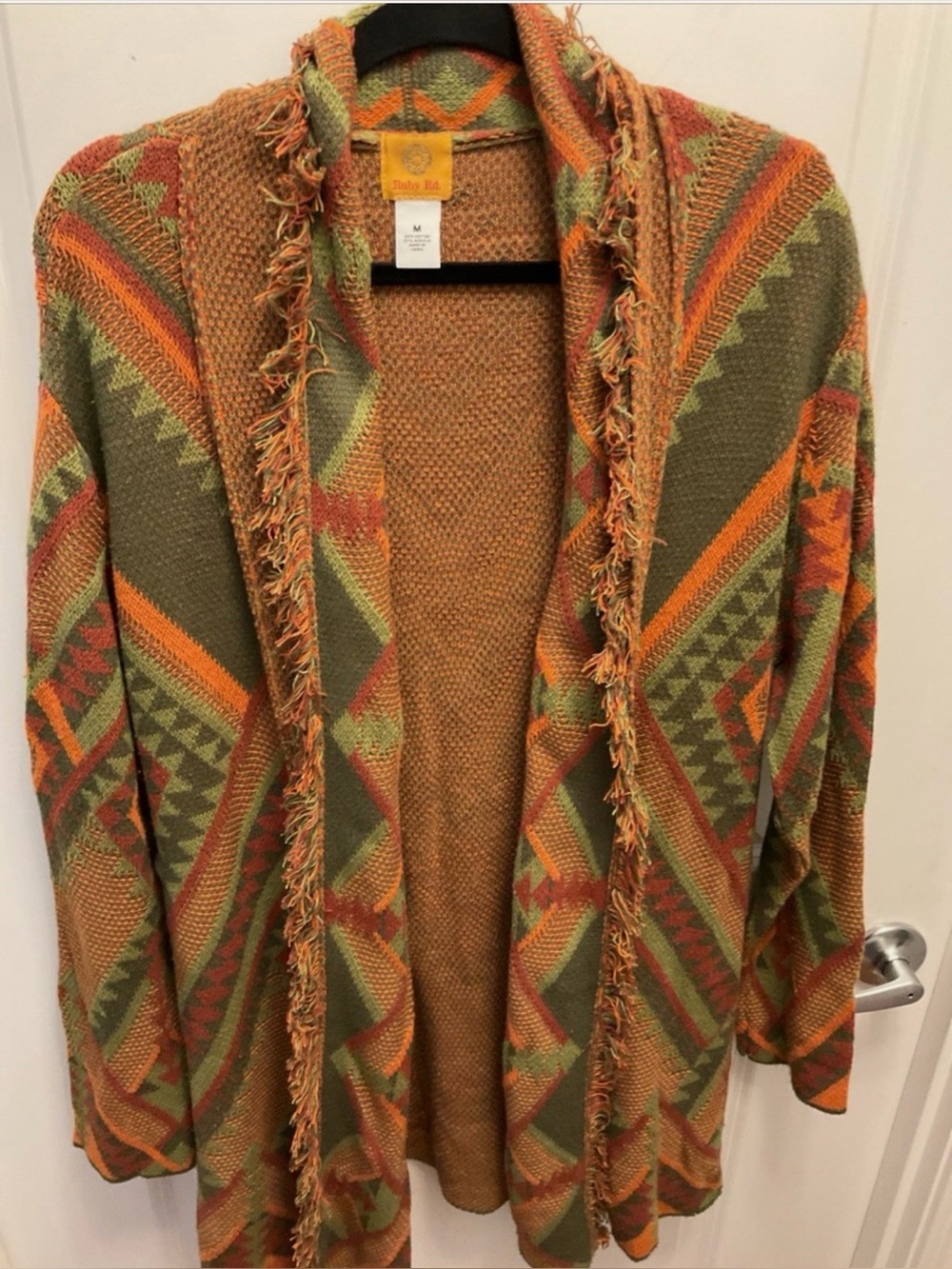 Ruby Rd. Olive, Rust & Orange Aztec Fringe Open Cardigan